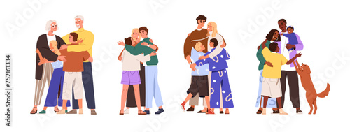 Happy families hugging. Parents and children embracing set. Reunion concept. Mom, dad, kids, granny, grandpa, pet cuddling together, supporting. Flat vector illustrations isolated on white background