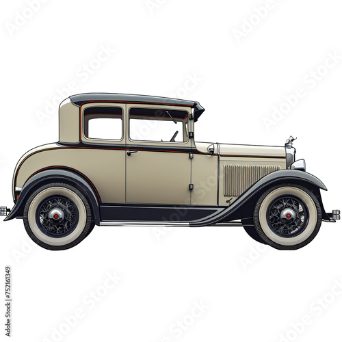 Antique Beige and Black Two-Door Sedan Car Illustration. Side Profile of a Vintage Automobile on a transparent background PNG. Elegant Collector s Vehicle Design for Artwork and Prints.