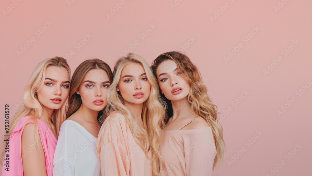 Seven stunning women showcase beauty and style in pastel outfits with different looks against a pink background