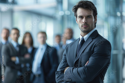 Adept in enterprise methodologies. Picture of a man wearing a sharp suit, with arms crossed, exuding a serious demeanor, in front of a blurred office environment with coworkers. Generated AI