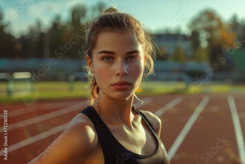 Image of a woman in athletic gear, focused and preparing for a race at the track with determination. Generated AI