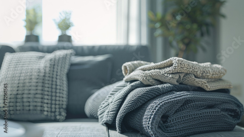 Cozy home comfort with a luxurious pile of knitted blankets and pillows.