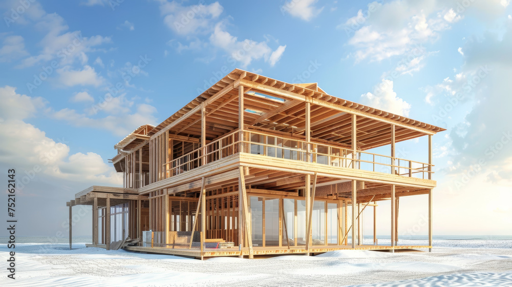 wooden house at construction under blue sky or cloud wooden house at construction under blue sky or cloud