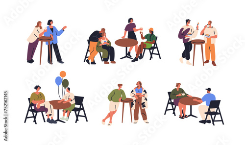 Young people eating out at outdoor tables, sitting in chairs with street food, drinks, snacks. Characters relaxing, resting outside in summer. Flat vector illustrations isolated on white background