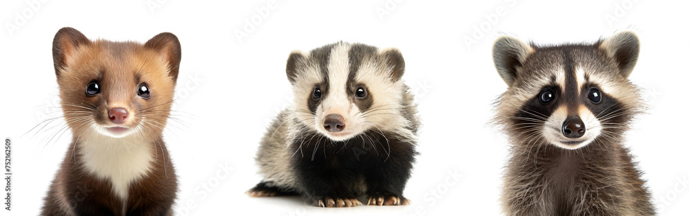 Panorama Set of Baby badger, marten and raccoon isolated on white background, cutout