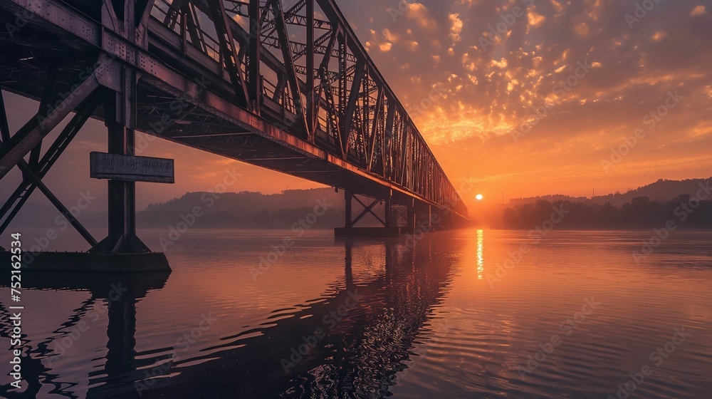 Image of a steel bridge, against background the sunrise.