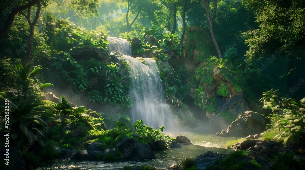 Image of a serene waterfall nestled within a lush forest.