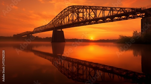 Image of a steel bridge  against background the sunrise.