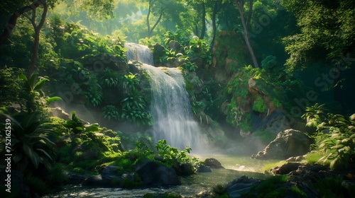 Image of a serene waterfall nestled within a lush forest.