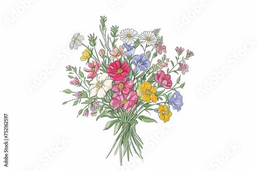 Handdrawn colorful bouquet of flowers with the words bouquet of flowers on a white background