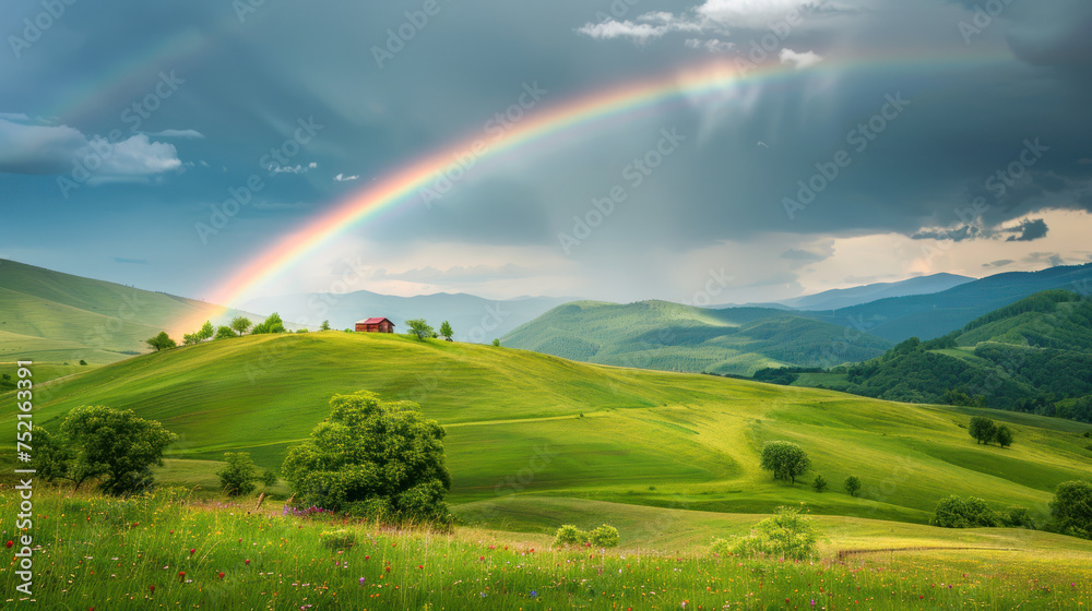 Colorful sky with rainbow over lush field and meadow under sunny weather Colorful sky with rainbow over lush field and meadow under sunny weather