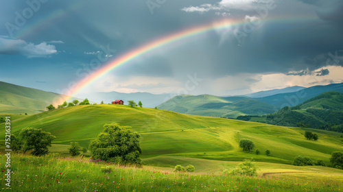 Colorful sky with rainbow over lush field and meadow under sunny weather