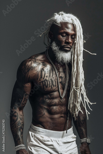 Muscular Black Man with White Dreadlocks and Tattoos