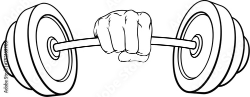 A weight lifting or weightlifting fist hand holding a heavy barbell or dumbbell concept.