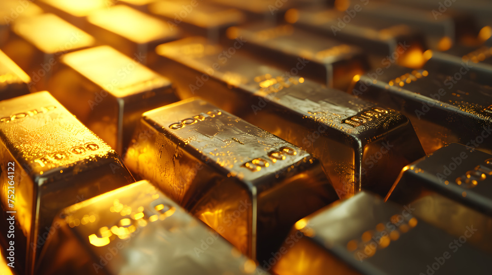 A close up of gold bars neatly stacked in storage. A close up of gold bars neatly stacked in storage.