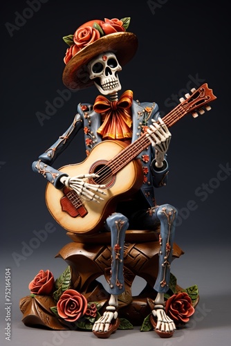 Mexican mariachi musician skeleton playing acoustic guitar. Dia de los muertos concept. Ai Generative