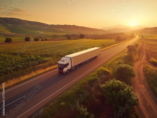 A semi-truck cruises along a curvy highway amidst lush green fields under the warm glow of sunset, showcasing the beauty of logistics in motion.