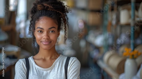Smiling black young woman with looking directly at the camera, natural light, friendly portrait, lifestyle, beauty, studio shot.