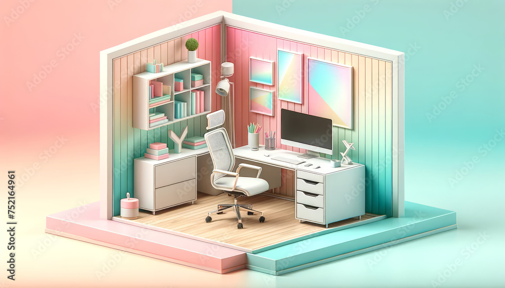 Dynamic Office View: Angled Pastel Workspace