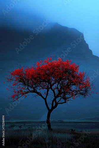 Solitary Tree in Crimson against a Dark Blue Misty Landscape