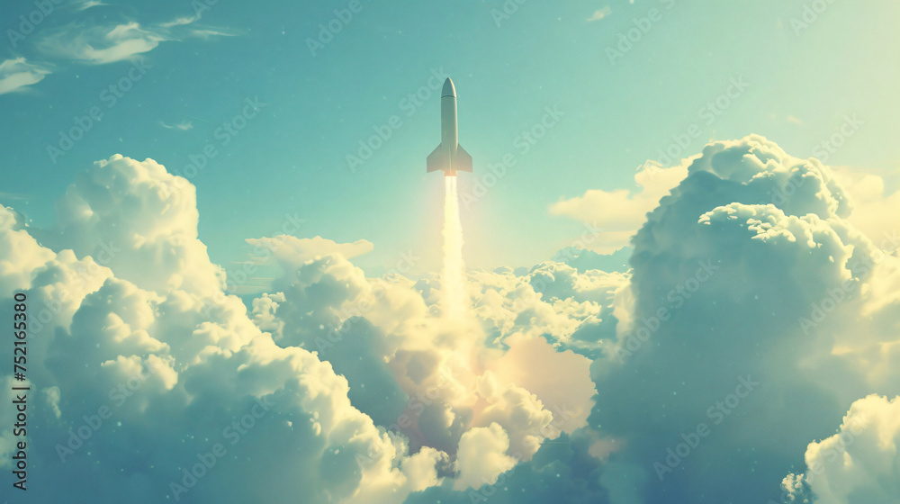 Rocket illustration flying over cloud. beautiful scene
