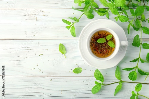 Top view of cup of aromatic tea and green mint leafs on wooden background