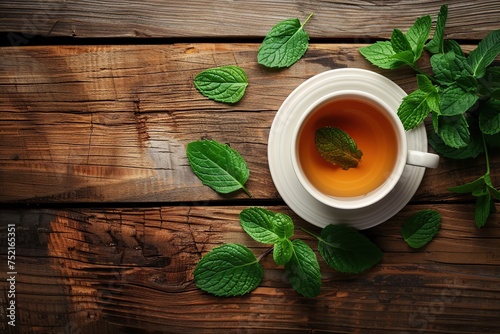 Top view of cup of aromatic tea and green mint leafs on wooden background