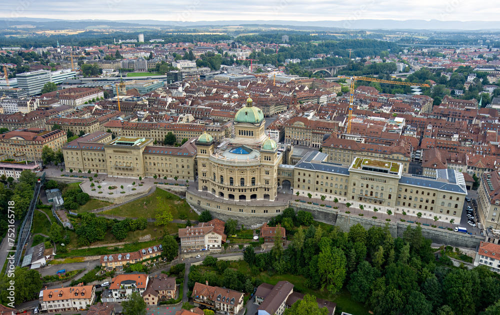 Bern, Switzerland. Federal Palace - Bundeshaus. Federal authority. Summer morning. Aerial view