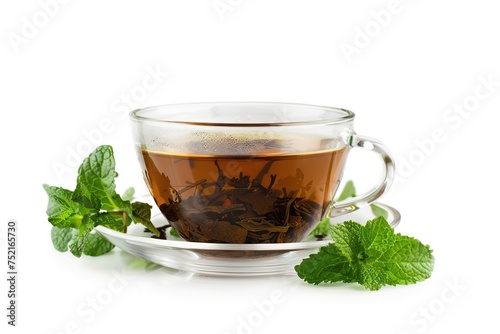 Glass cup of aromatic tea and green mint leafs on white background