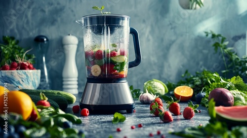 Image of blender surrounded by a variety of fresh ingredients.