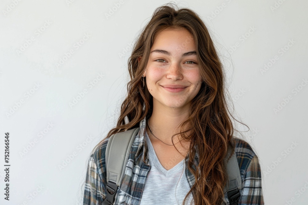 Portrait of a radiant teenage girl with freckles, smiling brightly, dressed in casual attire and carrying a backpack, set against a white backdrop. Generated AI Portrait of a radiant teenage girl with freckles, smiling brightly, dressed in casual attire and carrying a backpack, set against a white backdrop. Generated AI