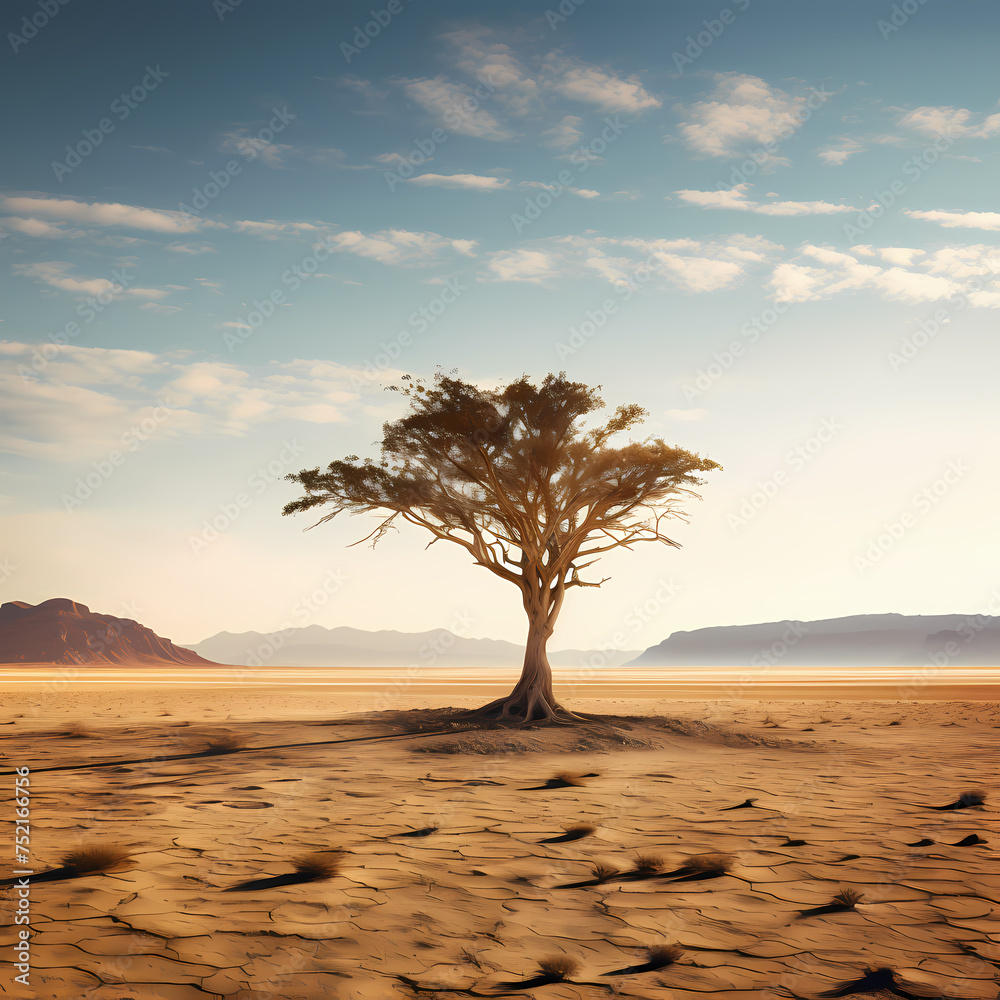 An isolated tree in the middle of a vast desert.