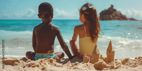 Family summer holidays, sea resort concept. Two children relaxing by sea and building sand castles.