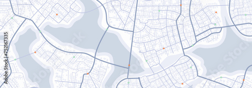 Extensive city scheme featuring points of interest. Abstract navigation plan of the urban area. General city map indicating streets, roads, and buildings. Colored flat, editable vector illustration