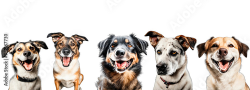 Smiling, cute dogs on transparent background. Happy dogs. Сoncept of domestic animals. PNG format. Isolated on white. Empty, blank backdrop. Copy space. Premium landscape for mockup. Layout