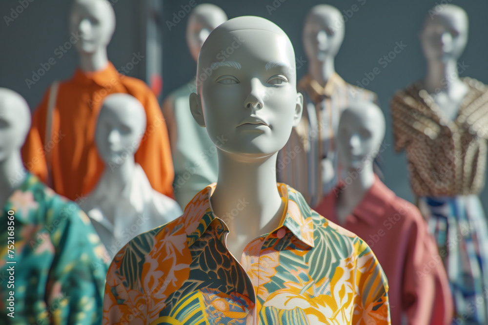 Mannequins in colorful clothing display in a store.