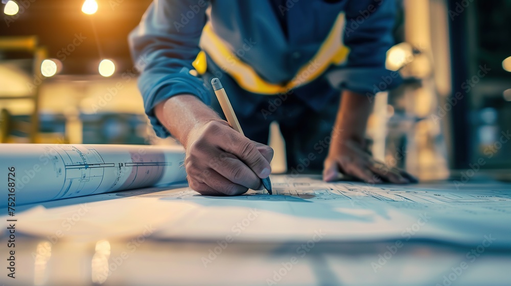 An engineer actively engages with architectural plans on a well-lit table, encapsulating the dynamic process of construction planning and the application of engineering principles in action.