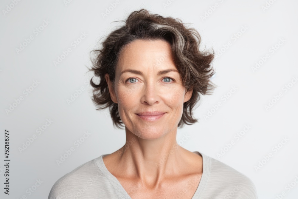 Closeup portrait of beautiful middle aged woman looking at camera with smile Closeup portrait of beautiful middle aged woman looking at camera with smile