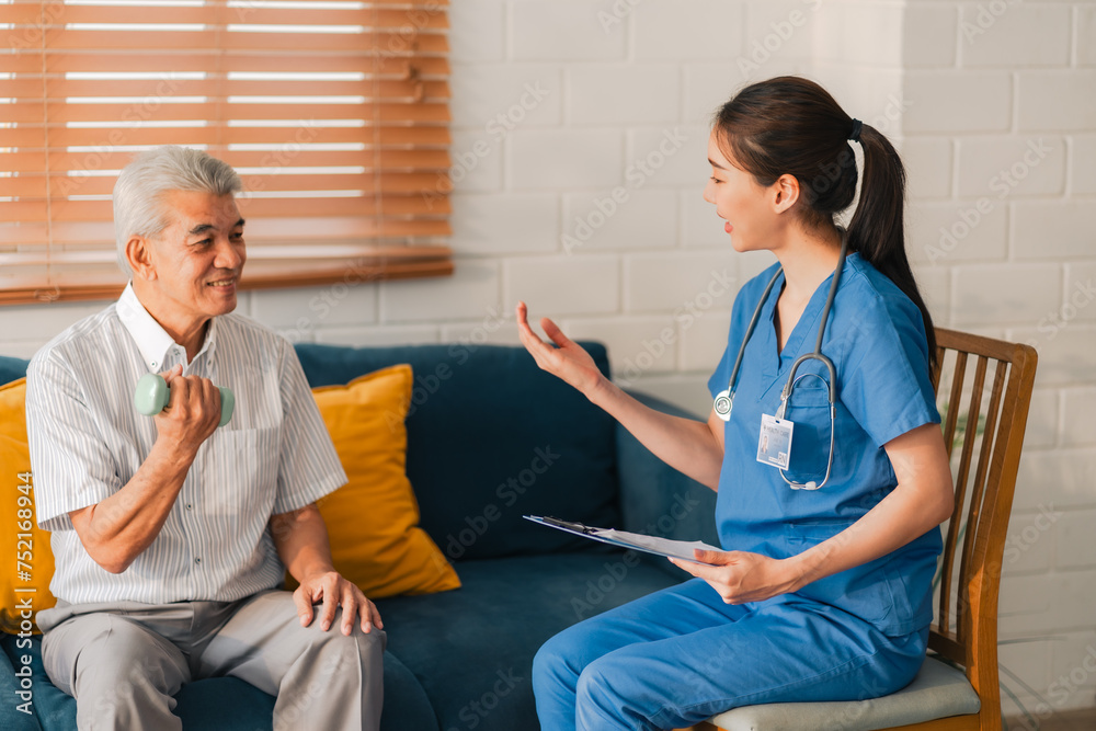 Obraz premium nursing home assistance in health insurance business concept, asian woman doctor or nurse caregiver support health care to elderly senior patient person, caretaker in medicals care recovery service