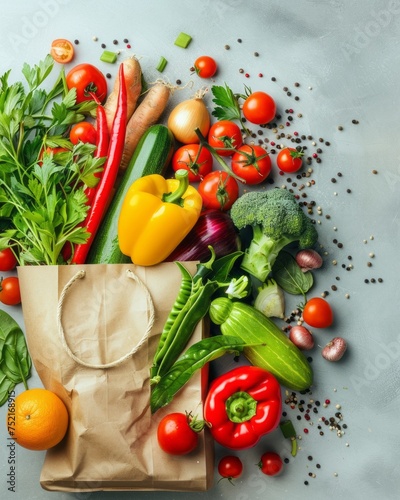 Fresh organic vegetables  fruits  herbs and spices in a recycled paper bag on light grey background with copy space. Shopping or delivery of healthy food. Nutrition  diet  vegan food concept.