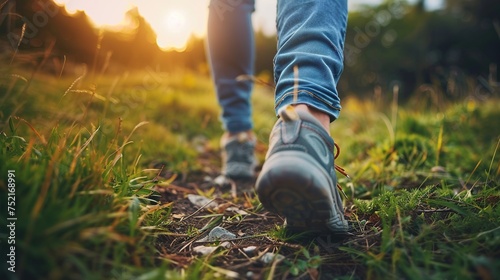 Close-up of walking boots on a grassy trail during sunset, capturing the essence of outdoor exploration and the beauty of hiking.