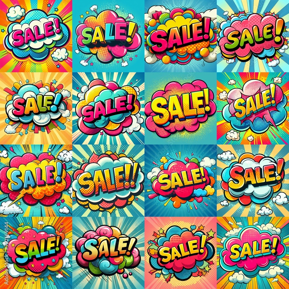 Sale! on a cloud in bright colors, pop-art style. AI generated illustration
