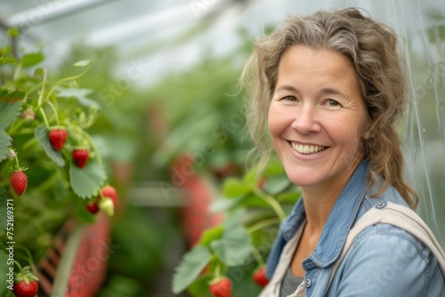 Close up portrait of happy mature middle aged elderly woman gardener in a bright greenhouse holding growing strawberries