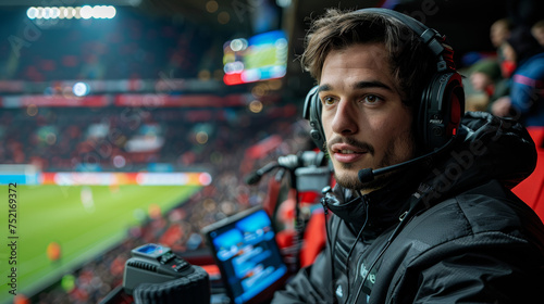 a broadcaster sitting in a stadium sitting in front of a monitor