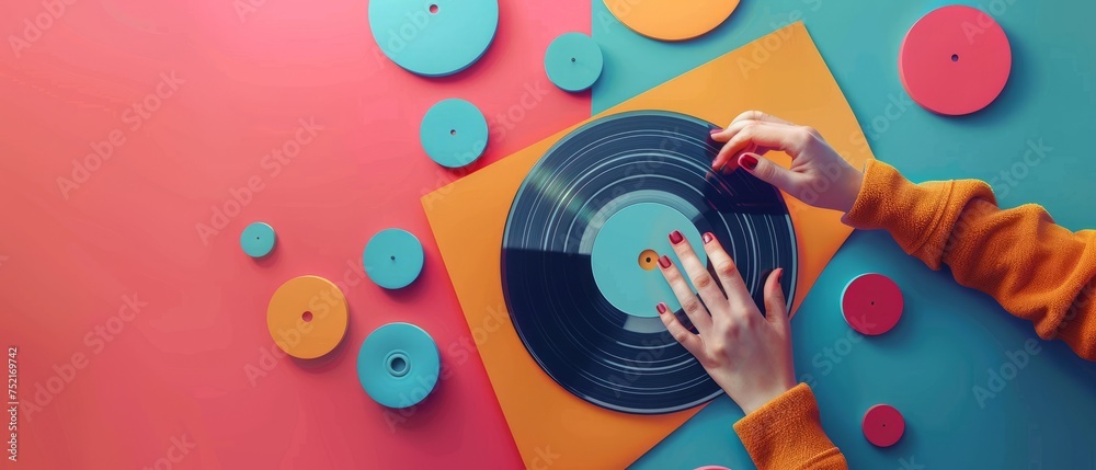 Fototapeta premium Choosing vinyl record. Music addict concept. Old school music classic concept. 