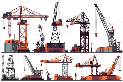 Lifting crane doing heavy lifting. Tower and harbor life vector illustration. Generative AI