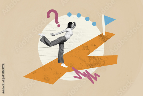 Photo collage illustration young girl try find way path look question mark ask where destination flag dilemma drawing background