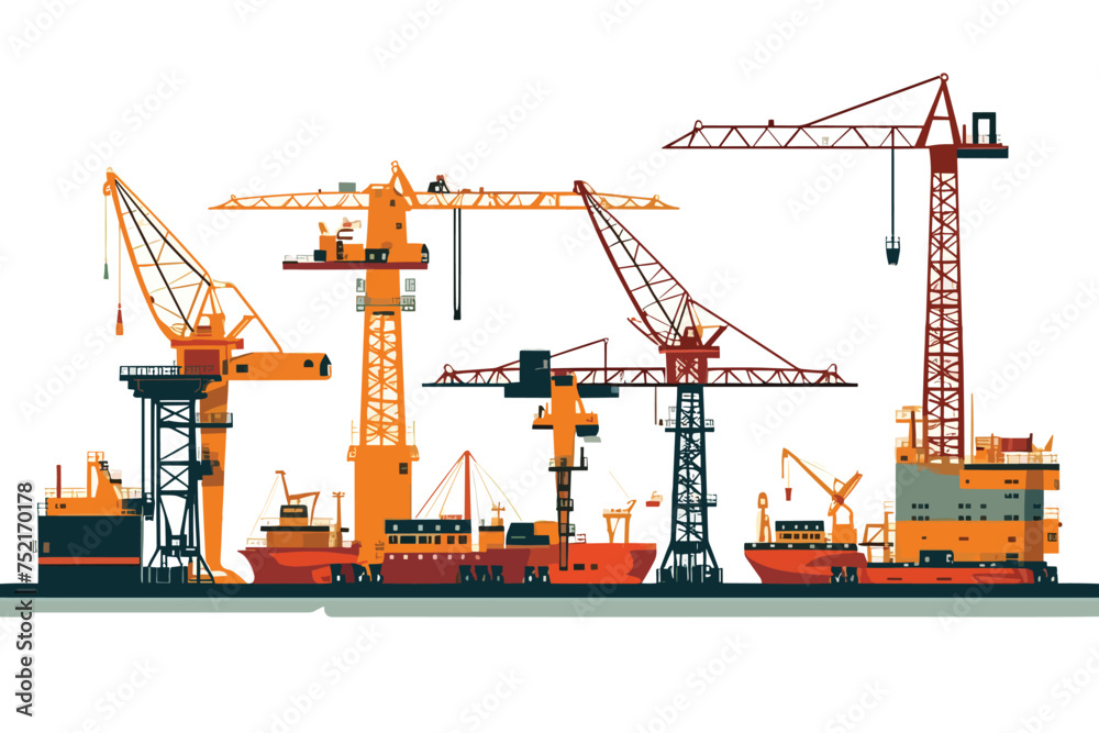 Lifting crane doing heavy lifting. Tower and harbor life vector illustration. Generative AI Lifting crane doing heavy lifting. Tower and harbor life vector illustration. Generative AI