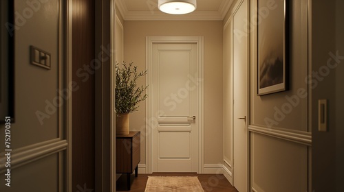 Image of hallway with door and a gentle  warm light.