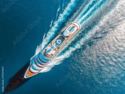 Aerial view of a luxury cruise ship cutting through the azure sea, epitomizing elegance and adventure on the open waters. © cherezoff